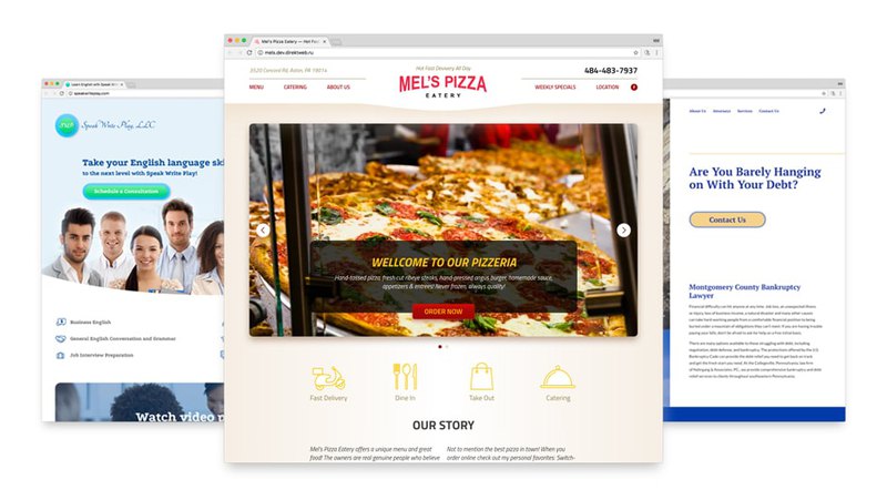 Custom web design for Speak Write Play, Mel's Pizzeria and Nahrgang Law